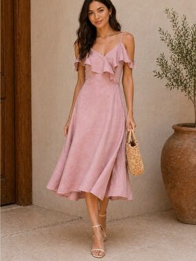 Blush Pink Ruffle Midi Dress | Wrap Style A-Line Cold Shoulder Romantic Dress M